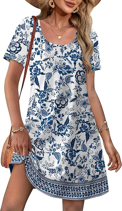 OFEEFAN Summer Dresses for Women 2026 Loose U Neck Short Sleeve Casual Beach Vacation Tshirt Dres... | Amazon (US)