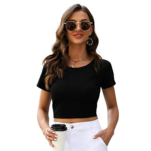 LONGBIDA Women's Scoop Neck Basic Crop Top Solid Short Sleeve T-Shirt(Black,M) | Amazon (US)