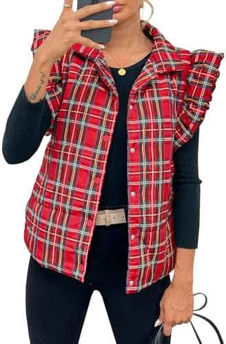 Tankaneo Womens Plaid Puffer Vests Ruffle Sleeveless Lightweight Quilted Vest Fall Winter Padded ... | Amazon (US)