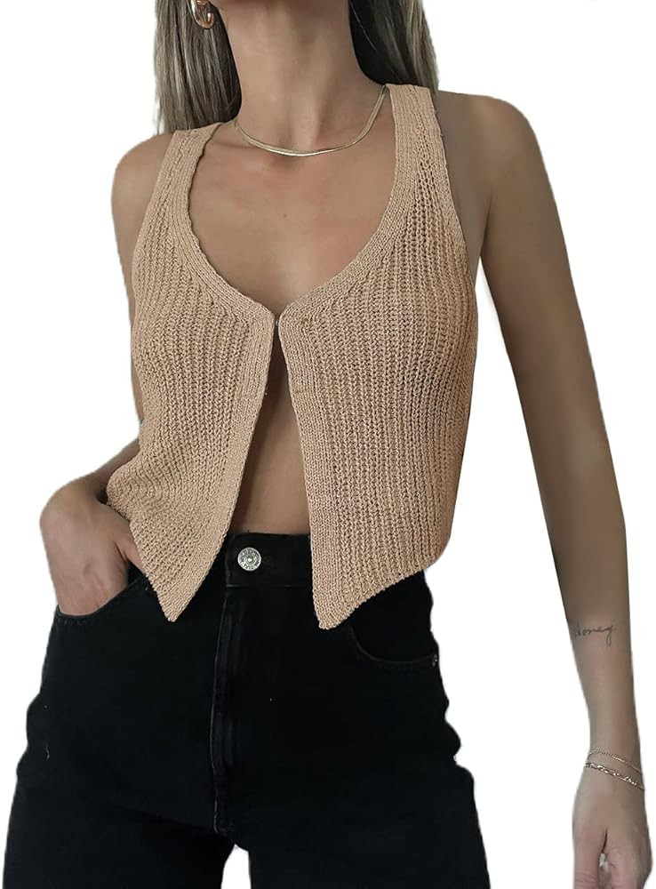 Meladyan Women Hook Eye V Neck Knit Crop Vest Top Sleeveless Hollow Out Knitted Solid Loose Sexy ... | Amazon (US)