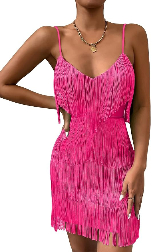 WDIRARA Women's Spaghetti Strap Fringe Trim V Neck Sleeveless Solid Bodycon Cami Mini Dress | Amazon (US)