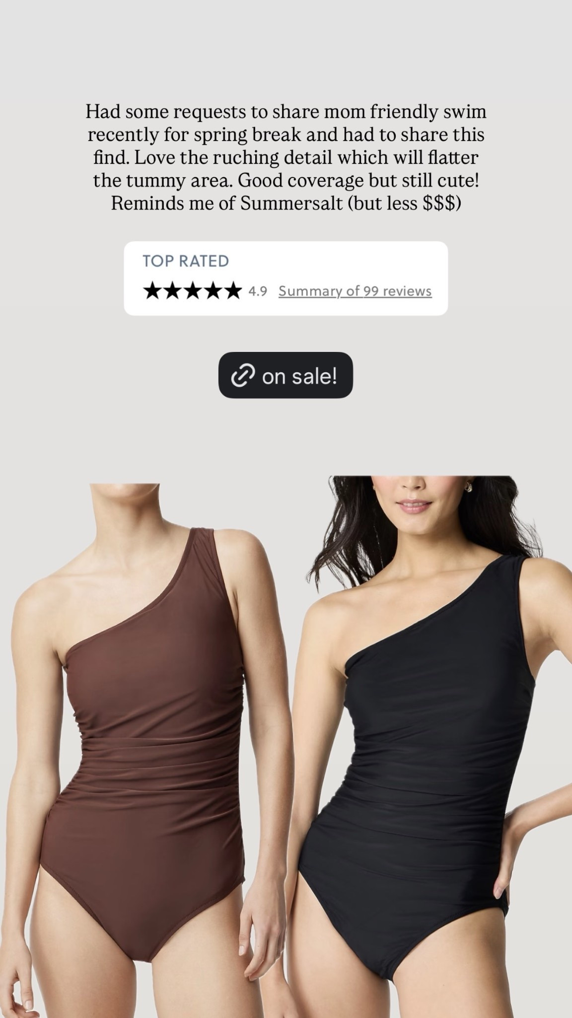 Had some requests to share mom friendly swim recently for spring break and had to share this find. Love the ruching detail which will flatter the tummy area. Good coverage but still cute! Reminds me of Summersalt (but less $$$)