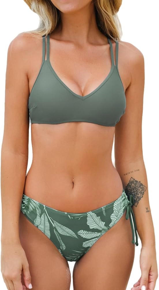 CUPSHE Women Swimsuit Bikini Set Two Piece Bathing Suit Criss Cross Back Strappy Side with Double... | Amazon (US)