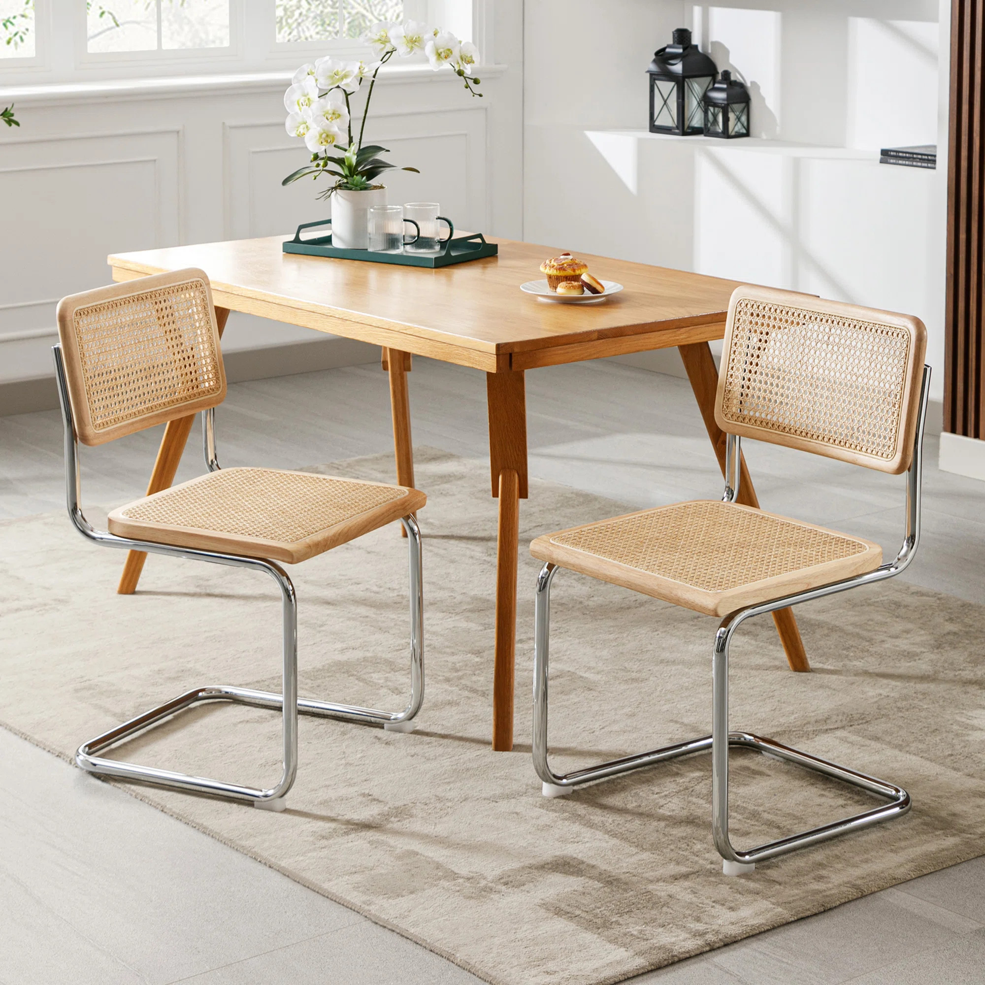 Crumley 18.1" H Mid-Century Modern Rattan Dining Chairs with Rattan Cane Backrest (Set of 2) | Wayfair North America