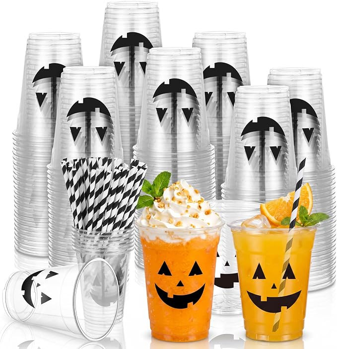 Potchen 100 Pack Summer Halloween Party Cups with Straws, 12 oz Clear Disposable Pumpkin Plastic ... | Amazon (US)