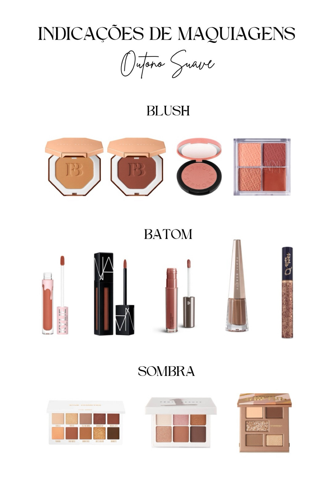 Uma cartela de cores quentes, e tem como principal característica a suavidade 🍂

BLUSH
Fenty Beauty Sun Stalk'r Instant Bronzer - Cor: Private Island
Fenty Beauty Sun Stalk'r Instant Bronzer - Cor: Mocha Mami
Paleta de Blush Fran by Francini Ehlke - Beach Face
Blush Sephora Collection Colorful Blush-Cor: 01 Shame on You

BATOM
Kylie Cosmetics - Cor: Autumn
Fenty Stunna Lip Paint - Cor: Unveil
Nars Powermatte Lip Pigment=- Cor:Slow Ride
Batom Líquido Bruna Tavares Matte - Cor: Victoria
Quem disse Berenice - Caramelí

SOMBRAS
Fenty Snap Shawdows - True Neutrals
Mac - Paleta de Sombras Art Library Nude Model
Kylie Cosmetics - Kyshadow Bronze Nudes
Paleta de Sombras Sephora Collection Color Shifter Eyeshadow- Infinite Nude

#LTKbrasil #LTKbeauty