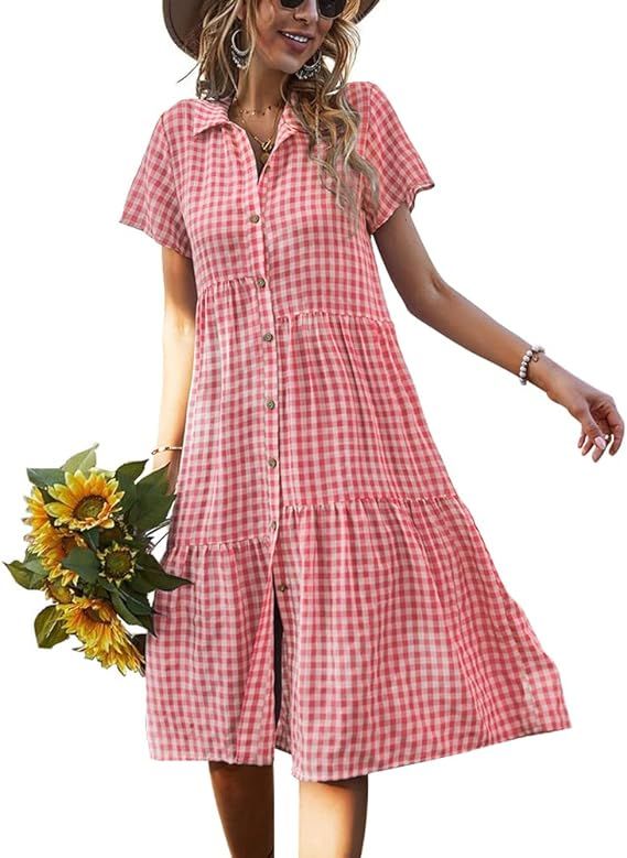 chouyatou Women's Summer Flutter Sleeve Midi Long Gingham Dress Plaid Button Down Shirt Dress | Amazon (US)