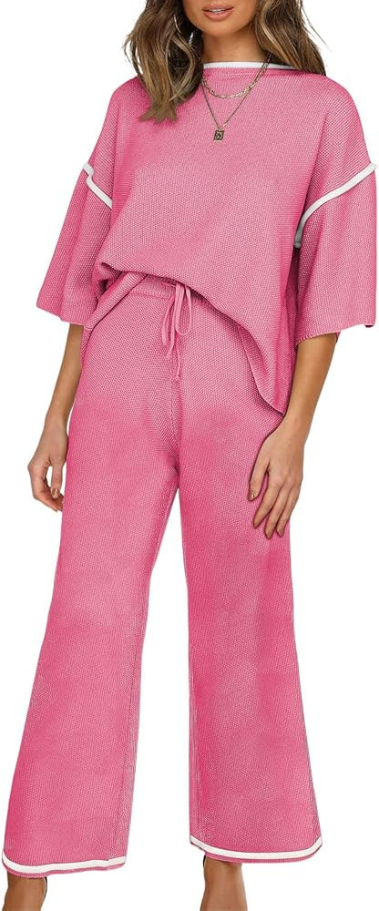 SHEWIN Womens Two Piece Outfits Casual Short Sleeve Knit Sweater Tops Matching Wide Leg Pants Tra... | Amazon (US)