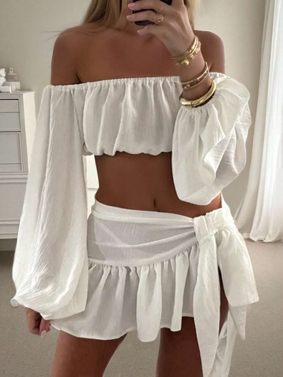 INAWLY 2pcs Fashion Casual Sexy Resort Women Off-Shoulder Lantern Sleeve Top And Mini Skirt Set F... | SHEIN