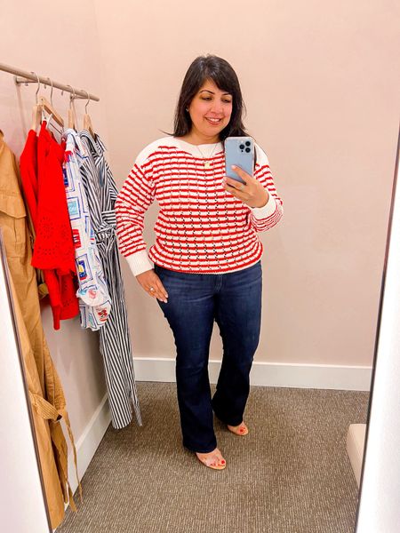 4th of July Outfit Inspiration! Sweater size large on sale 50% off + free shipping! Wit and Wisdom bootcut jeans size 12 Petite. Schutz sandals true to size. 

4th of July outfit, jeans, sandals, spring outfit, spring outfits, summer outfit, vacation outfit, vacation outfits, summer outfits, work outfit, workwear, work wear, business casual outfit, Loft outfit, Loft top, Loft shirt, Loft shorts, Loft sweater, bootcut jeans, red outfit, red shorts set, striped sweater, 4th of July outfit, Fourth of July outfit, red white and blue

#LTKFindsUnder50 #LTKMidsize #LTKOver40