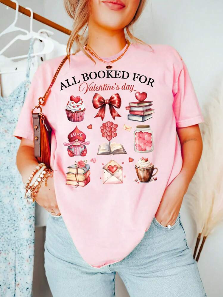 INAWLY Valentine's Day Heart, Cake, Bow, Book, Envelope Print Women's Round Neck T-Shirt, For Spr... | SHEIN