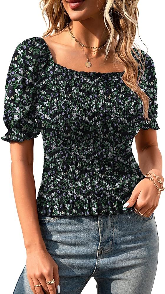 KTILG Square Neck Tops for Women Off The Shoulder Summer Crop Blouses Ladies Puff Short Sleeve Cu... | Amazon (US)