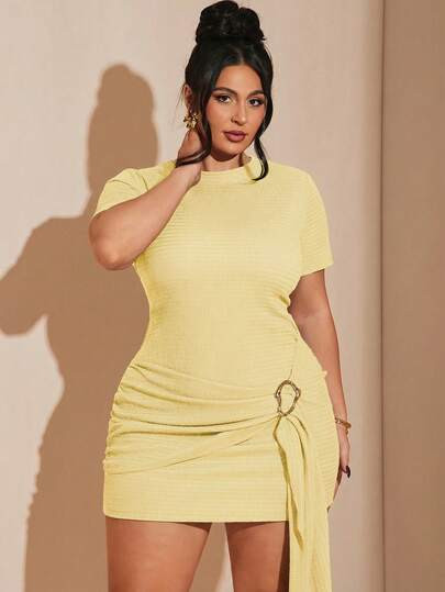 SHEIN BAE Plus Size Women Brown Short Sleeve Gold Metal Button Dress, Summer Beach Holiday Dress | SHEIN
