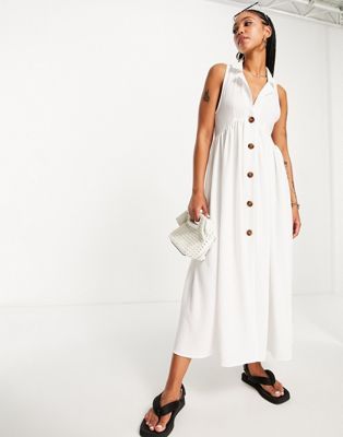 ASOS DESIGN collared button through midi smock dress in white | ASOS (Global)