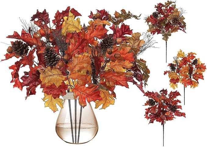 GnFlus 3PCS Artificial Oak Leaves Branches 16 Inch Fake Fall Leave Leaf Stems with Acorns Pine Co... | Amazon (US)