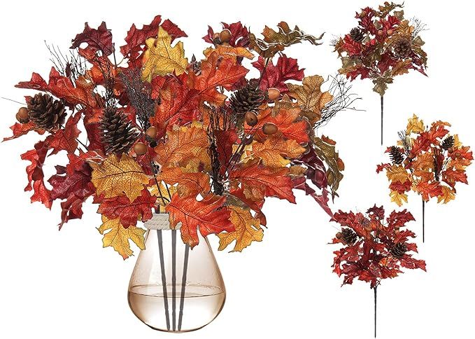 GnFlus 3PCS Artificial Oak Leaves Branches 16 Inch Fake Fall Leave Leaf Stems with Acorns Pine Co... | Amazon (US)