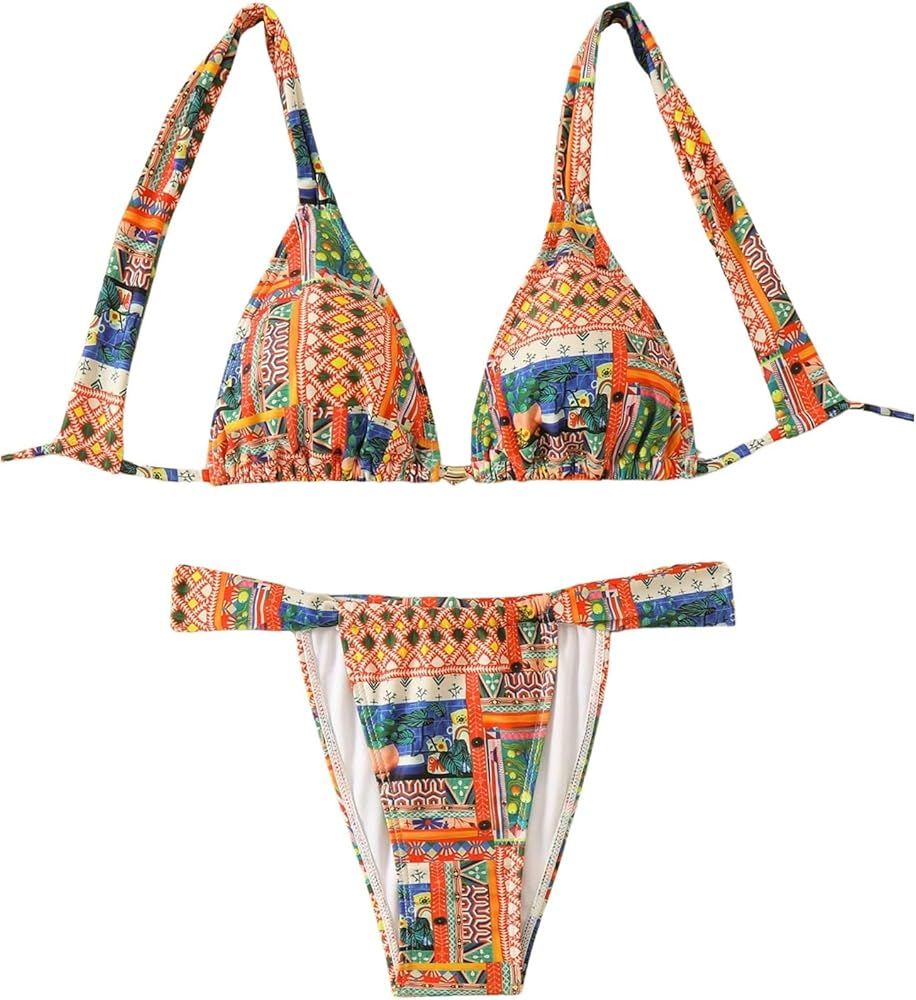 MakeMeChic Women's Floral Print 2 Piece Bikini Sets Tie Back Triangle Thong Bathing Suit Swimsuit | Amazon (US)