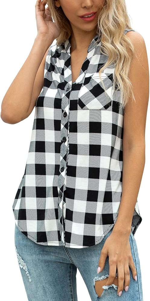 JECHOOSE Women's Sleeveless Button Down V Neck Casual Plaid Shirts Tank Tops Blouse | Amazon (US)