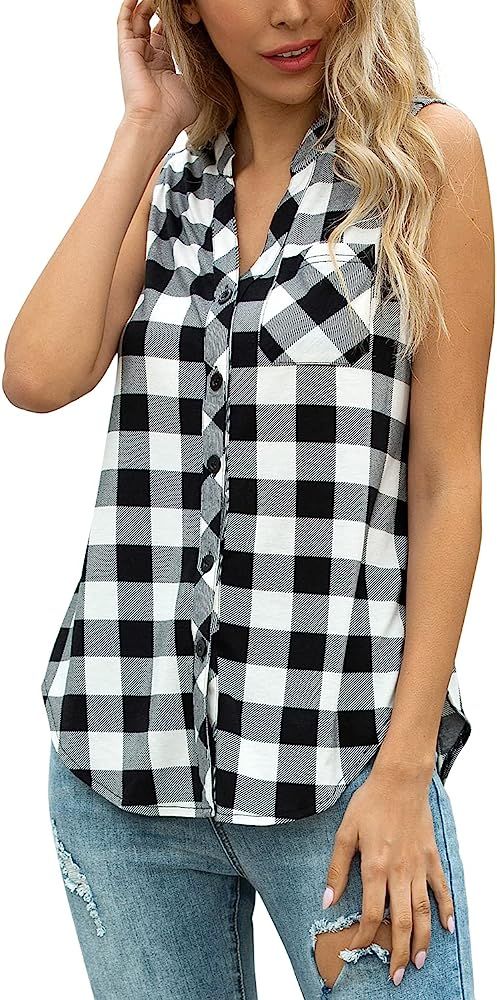 JECHOOSE Women's Sleeveless Button Down V Neck Casual Plaid Shirts Tank Tops Blouse | Amazon (US)