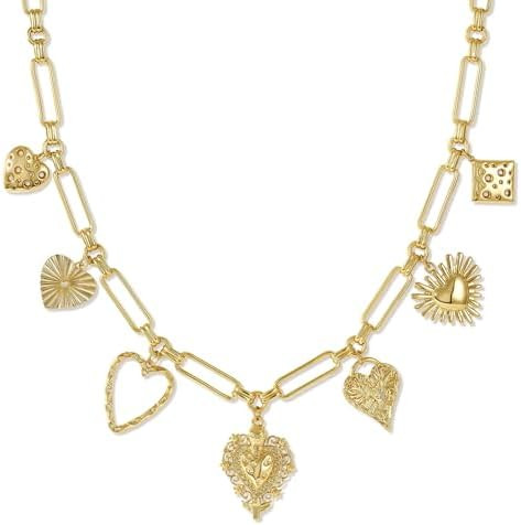 KissYan Heart Charm Necklace for Women, 14K Gold Plated Chunky Love Heart Pendant Link Chain Fash... | Amazon (US)