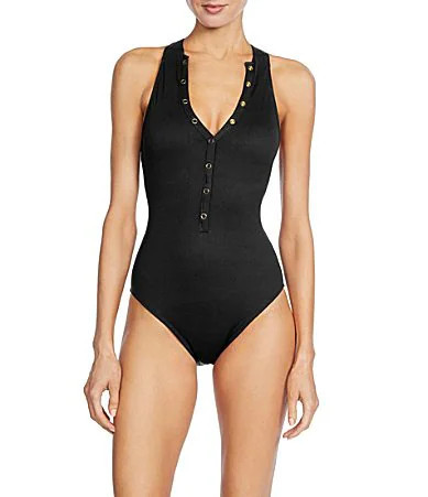 ROBIN PICCONE Amy Solid High V-Neck Open Back One Piece Swimsuit - 6 | Dillard's