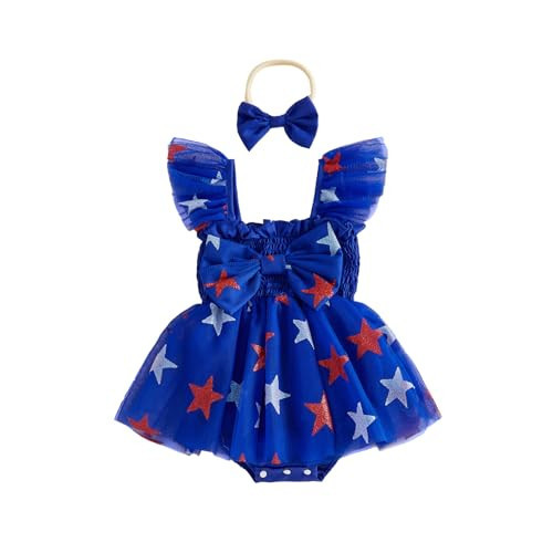 PUHHAPIEY Baby Girl 4th of July Outfit Newborn Independence Day Tulle Romper Dress Flag Stars Bow Sleeveless Onesie Clothes (Blue, 12-18 Months) | Amazon (US)