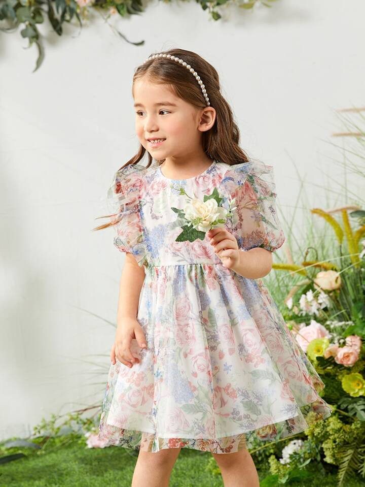 SHEIN Toddler Girls Floral Print Puff Sleeve Dress | SHEIN