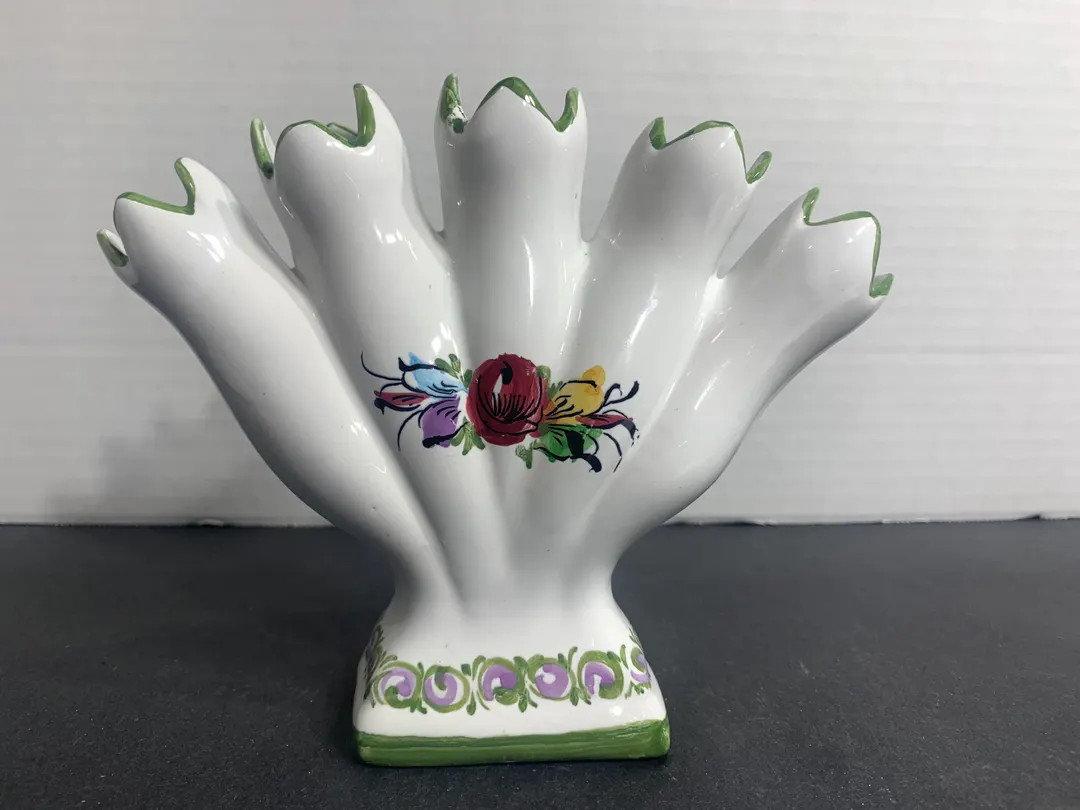 Vintage Portugal 5 Finger Floral Vase Hand Painted Flowers Portuguese Pottery | Etsy (US)