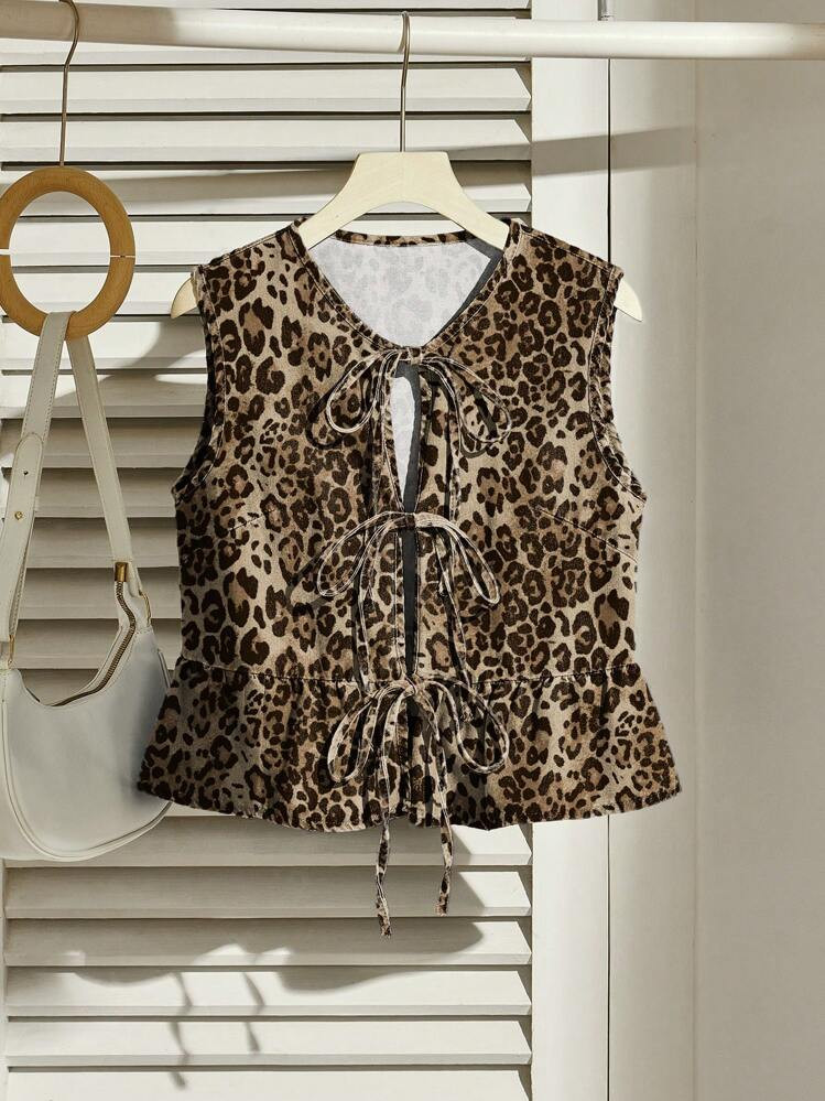 SHEIN EZwear Women's Casual Denim Vest With Tie Bowknot And Ruffle Trim, Blue | SHEIN