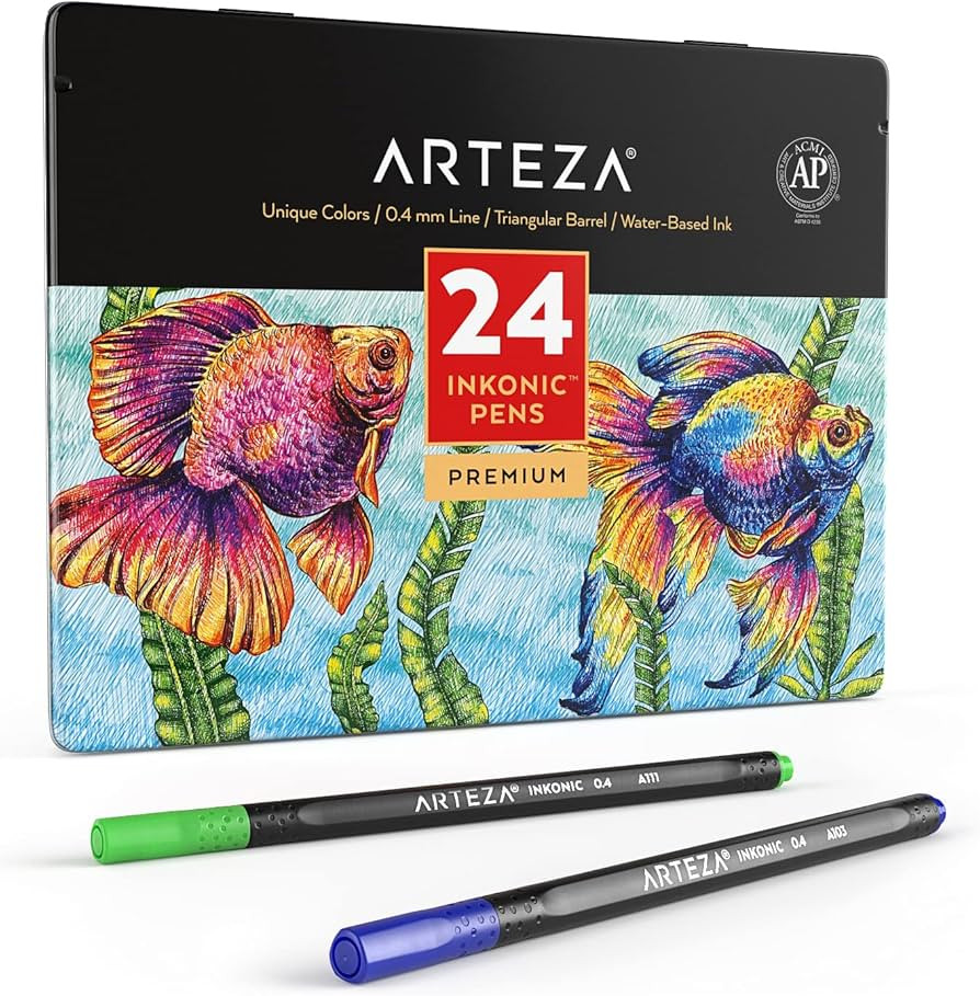 ARTEZA Inkonic Fineliners, Set of 24, 0.4 mm Tips Fine Point Markers, Assorted Art Pens, Water-Ba... | Amazon (US)