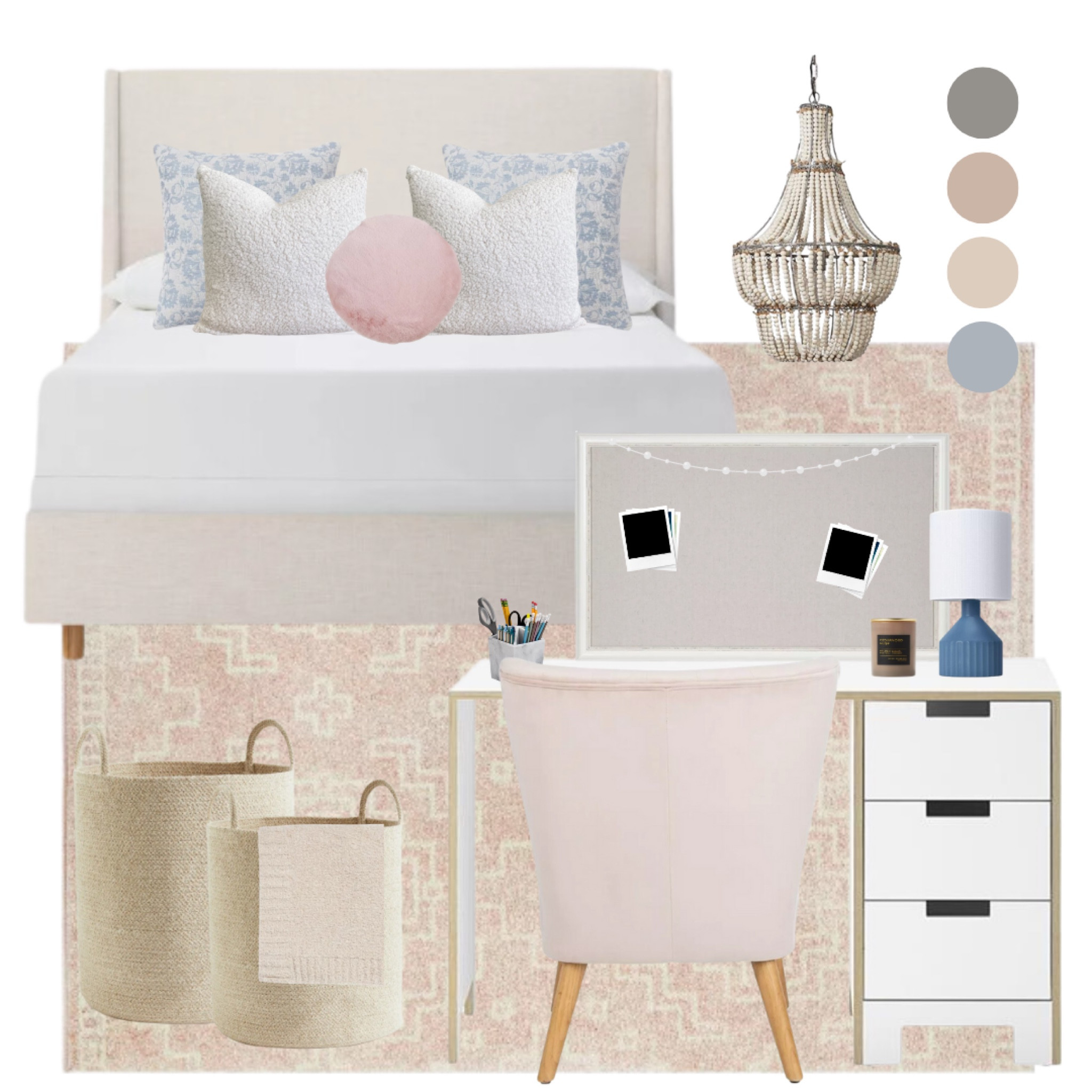 Feminine girls bedroom decor mood board witb pink, white and blue accents. Cute girls bedroom decor, girls bedroom furniture, girls bedroom design ideas, girls bedroom inspo, pink bedroom, pastel colour bedroom design ideas, pink rug 

#LTKhome #LTKkids #LTKfamily