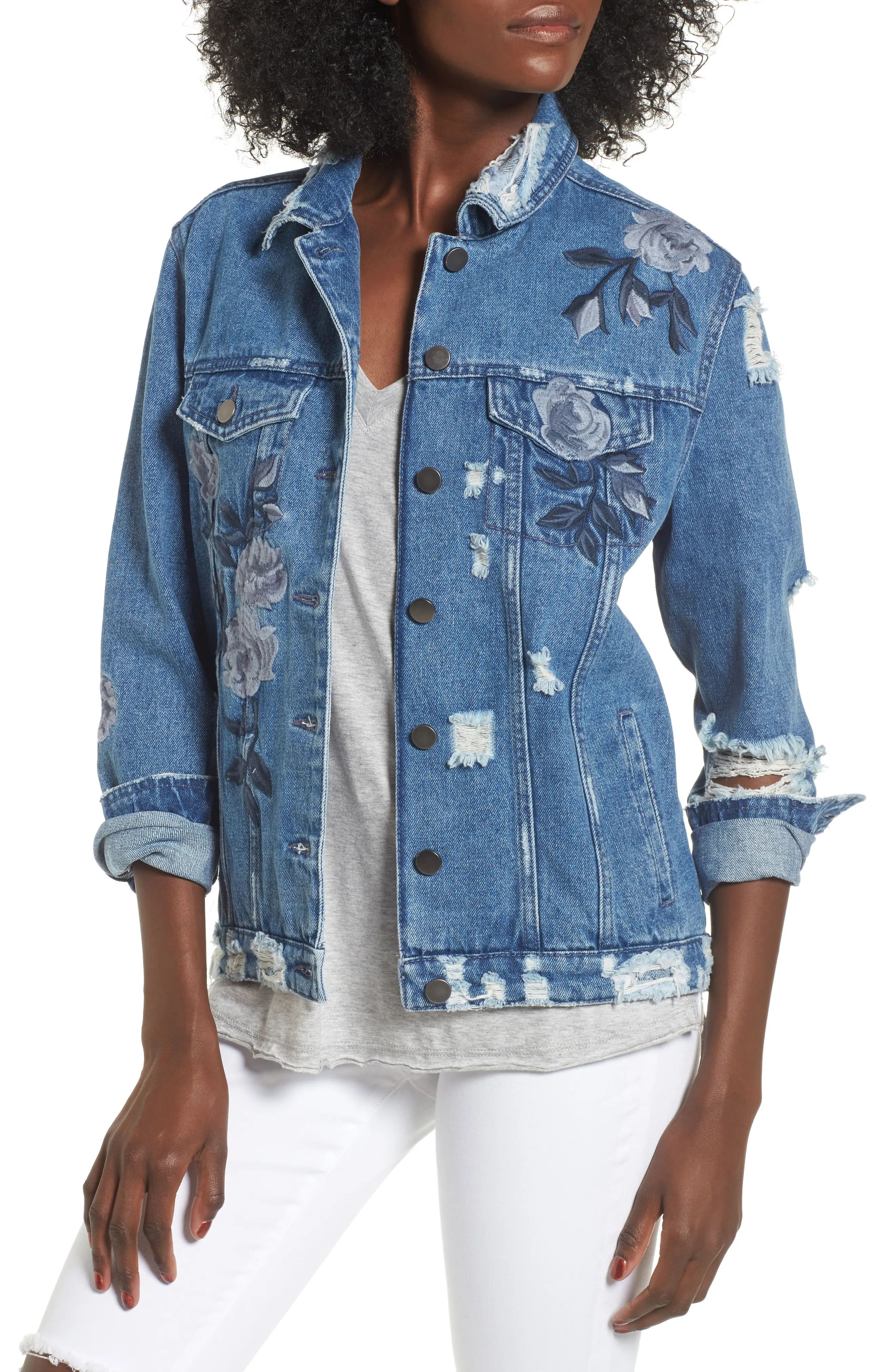Love, Fire Floral Embroidered Ripped Denim Jacket | Nordstrom