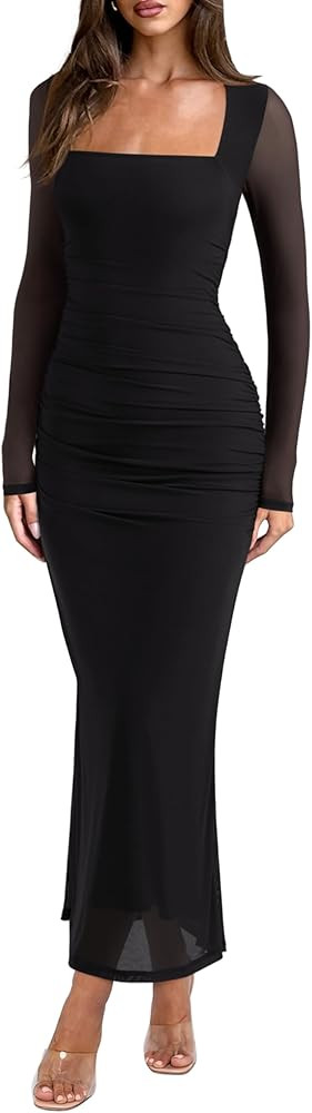 REORIA Long Sleeve Wedding Guest Maxi Dresses for Women Sheer Mesh Square Neck Ruched Bodycon Lon... | Amazon (US)