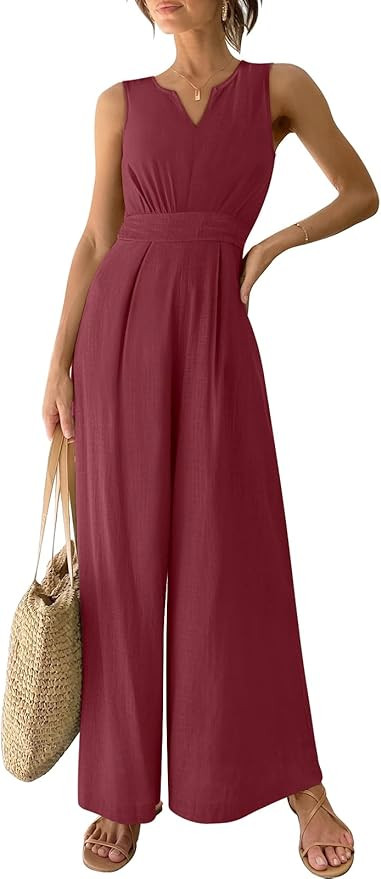 ANRABESS Jumpsuits for Women Summer Dressy Casual Linen Romper Sleeveless V Neck High Waist Wide ... | Amazon (US)