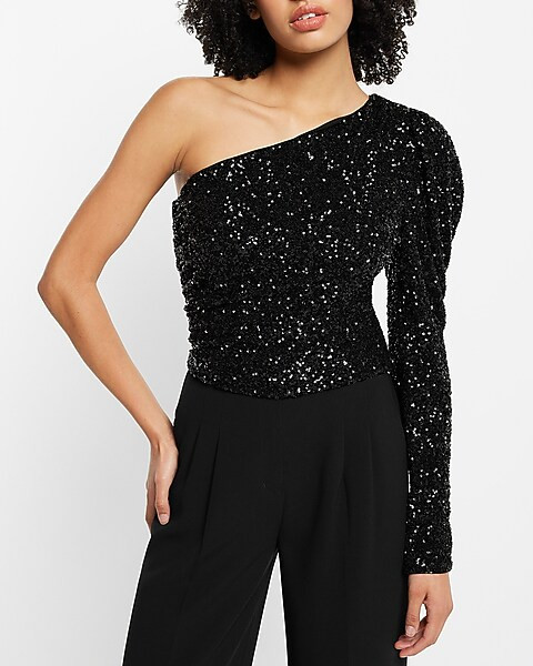 Sequin One Puff Shoulder Top | Express