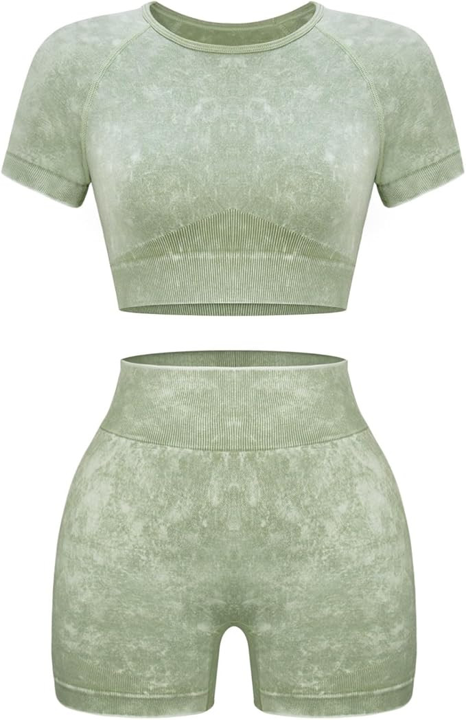 OLCHEE Womens Workout Sets 2 Piece - Seamless Acid Wash Yoga Outfits Shorts and Crop Top Matching... | Amazon (US)