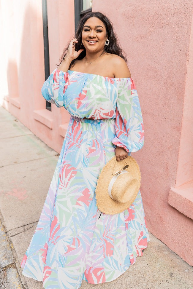 Simple Sign Blue Tropical Off The Shoulder Crop Top | Pink Lily