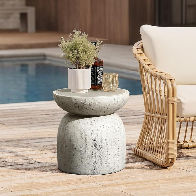 LuxenHome Rustic Outdoor Side Table, 16'' Concrete Small End Tables, Off White and Gray Weathered... | Amazon (US)