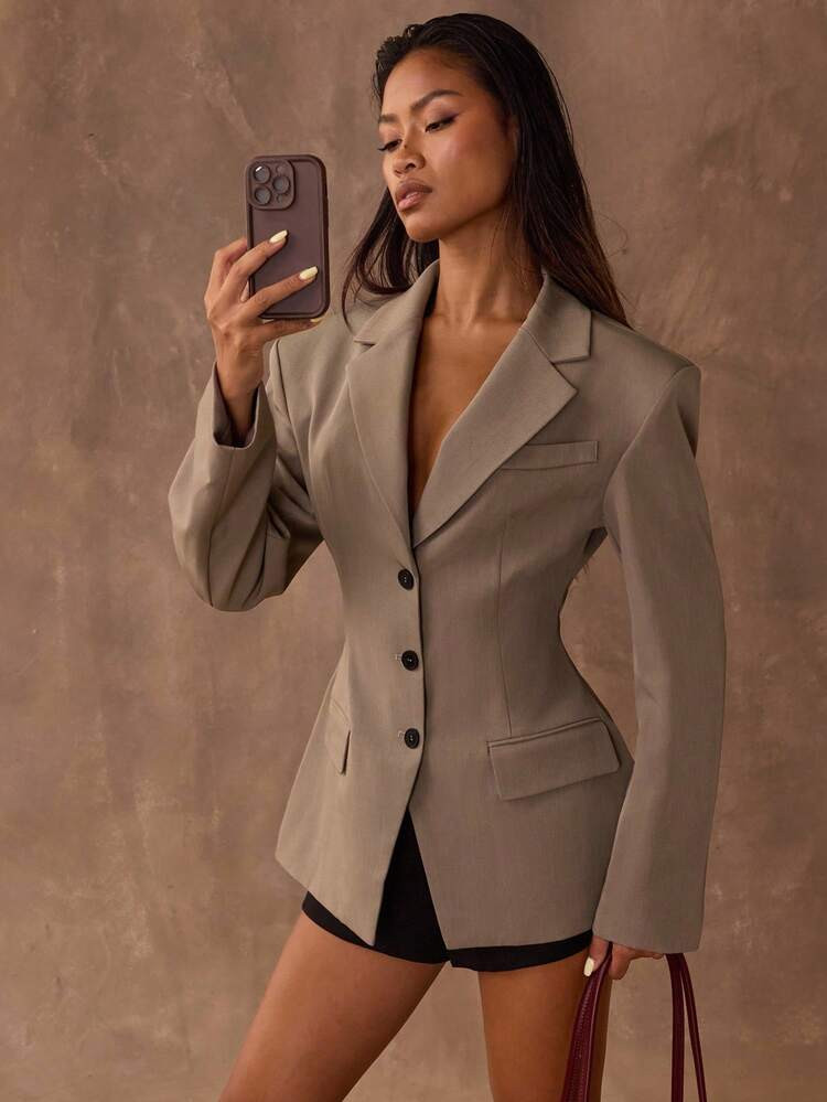 SHEIN BAE Women's Solid Color Lapel Collar Long Sleeve Cinched Waist Front Button Fashionable Shoulder Pad Blazer, Women Blazer ,Office Wear Women,Women's Tailored Lined Blazer In Fall/Winter | SHEIN