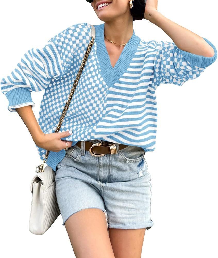 Saodimallsu Womens Checkered Striped Sweater V Neck Long Sleeve 2024 Fall Trendy Loose Knit Cozy ... | Amazon (US)