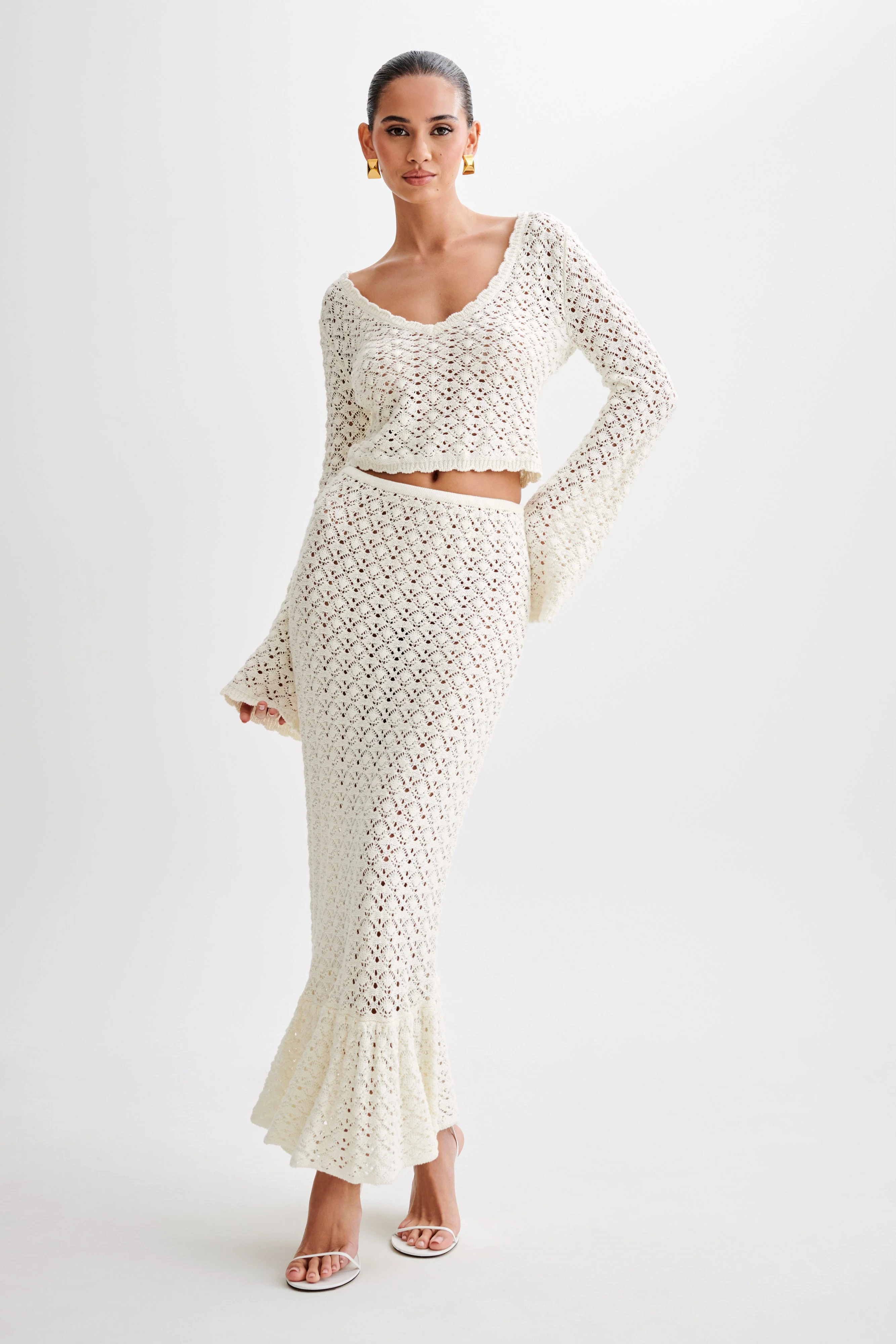 Anais Frill Knit Midi Skirt - Ivory | MESHKI US