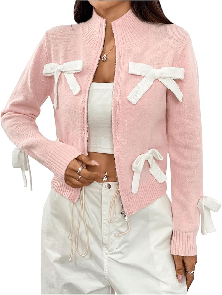GORGLITTER Women's Bow Knot Full Zip Cardigan Long Sleeve Mock Neck Knitted Sweater Jacket | Amazon (US)