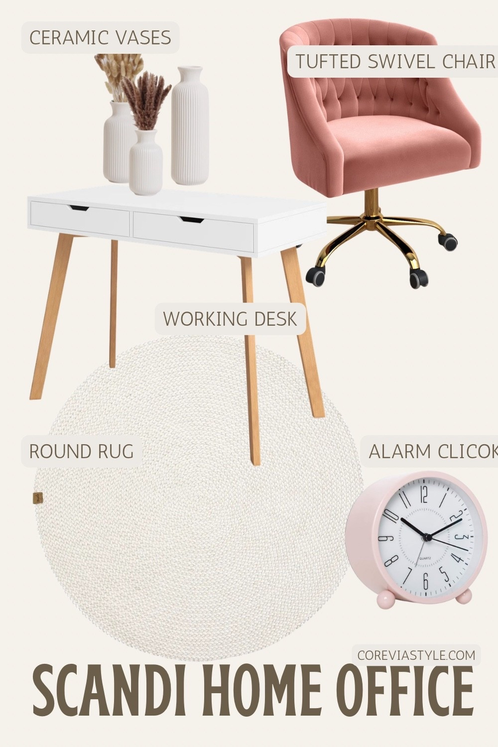 A soft Scandi home office setup with warm wood, clean lines, and cozy textures. The tufted swivel chair adds a pop of color while the minimalist desk, ceramic vases, and round woven rug keep everything calm and airy. Even the little alarm clock ties the palette together. #scandihomeoffice #homeofficestyling #neutraldecor #desksetupideas

#LTKCyberWeek #LTKSaleAlert #LTKHome