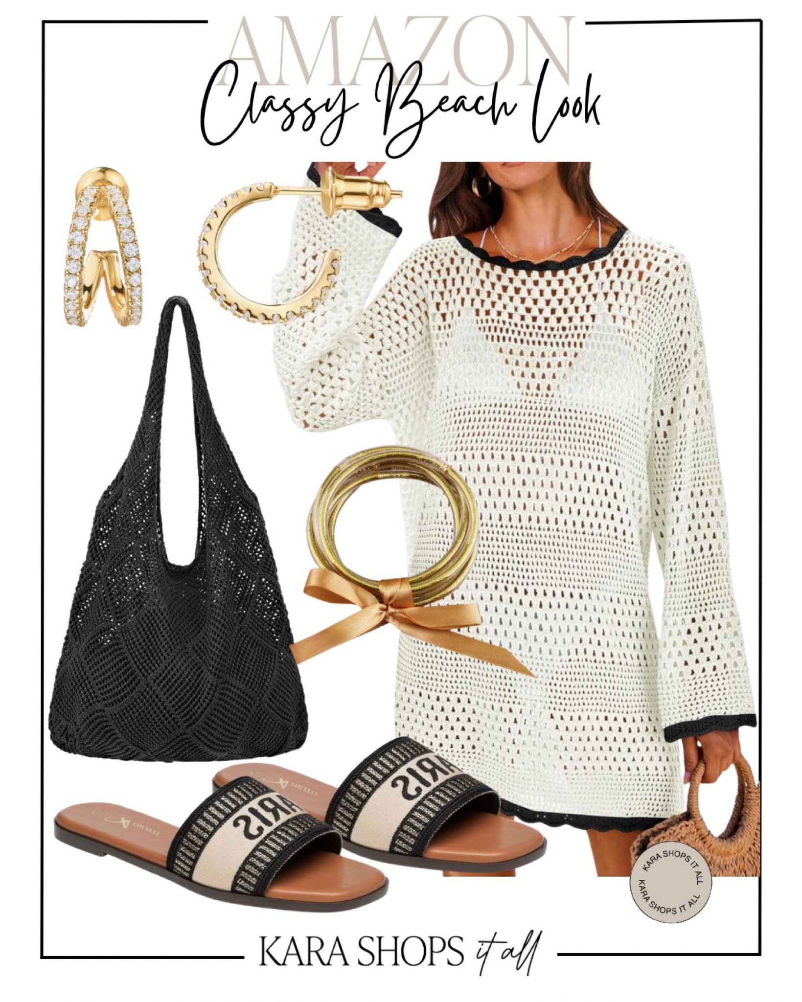 Classy beach look from Amazon! Black and white beach coverup, black beach bag, classy beach sandals, gold earrings, waterproof gold bracelets. 
#Amazon #Amazonfashion

#LTKstyletip #LTKSeasonal #LTKsalealert
