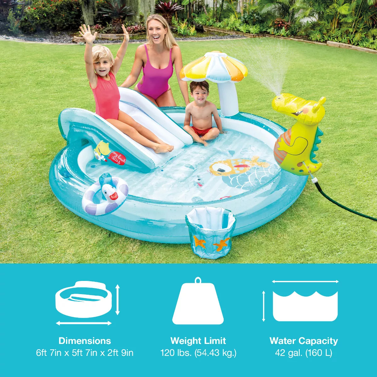 Intex 57165EP Gator 6.6ft x 5.6ft x 4in Outdoor Inflatable Kiddie Pool Water Play Center with Sli... | Target