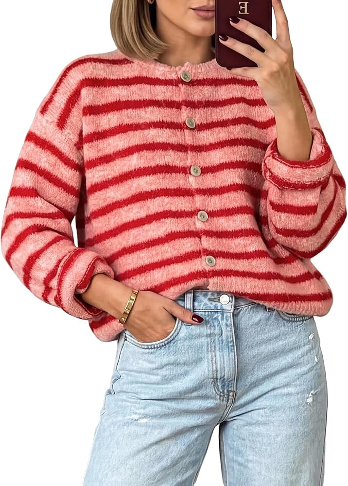 Milumia Women's Striped Button Up Cardigan Sweater Y2k Fall Long Sleeve Crewneck Oversized Sweate... | Amazon (US)