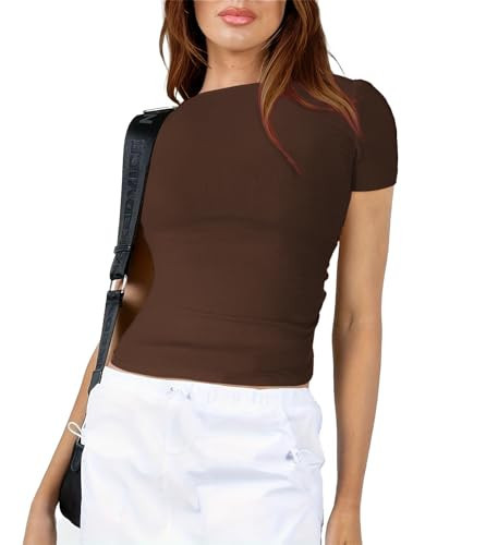 HOTOUCH Brown Backless Shirt Short Sleeve Crewneck Open Back Top for Tee Girls Casual Crop Top Slim Fit Y2K Top Brown L | Amazon (US)