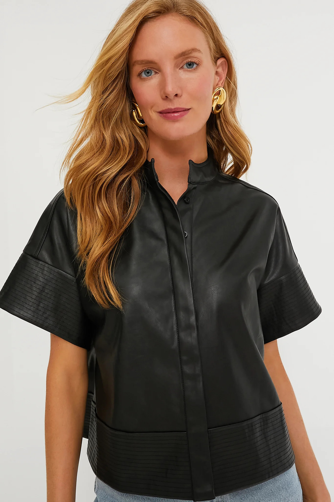 Black Leather Trapunto Stitch Sofia Shirt | Tuckernuck (US)