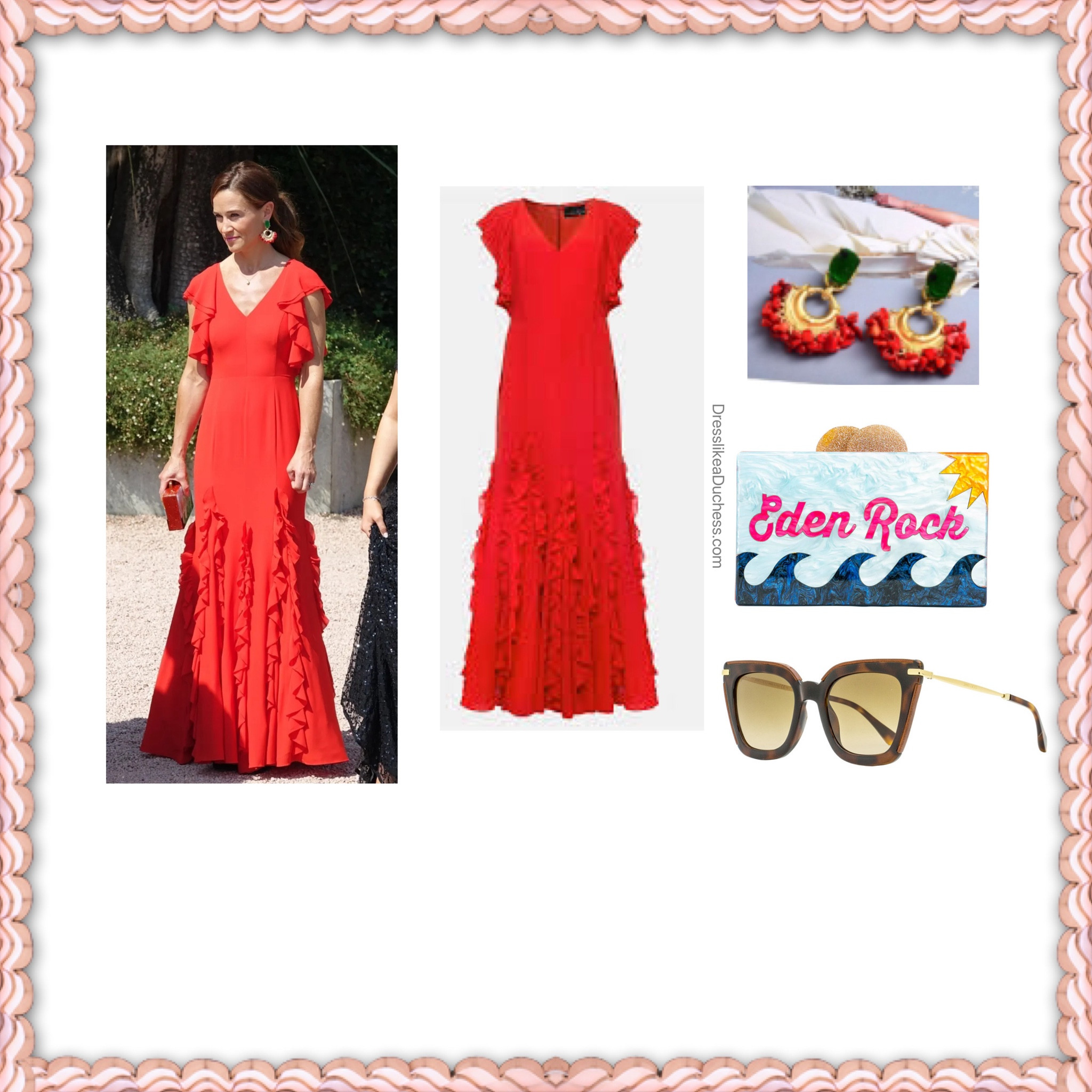 Pippa middleton in phase eight dress and Eden rock Elizabeth Sutton clutch, Jimmy Choo chiara sunglasses 