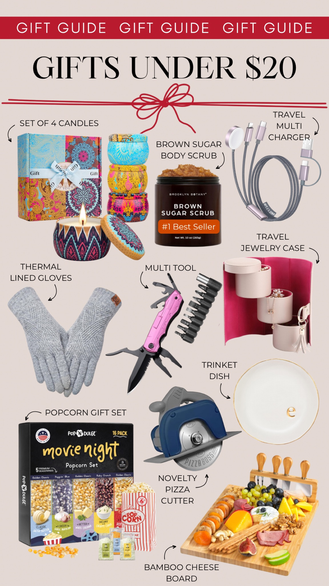 Gift ideas under $20 include a set of four candles, brown sugar body scrub, a travel multi charger, thermal lined gloves, a multi tool, a jewelry travel case, a trinket dish, a popcorn gift set, novelty pizza cutter, and a bamboo cheese board. 

Gift ideas, gifts under 20, gifts under 15, gifts for her, gifts for him, gift guide 

#LTKFindsUnder50 #LTKHoliday #LTKGiftGuide
